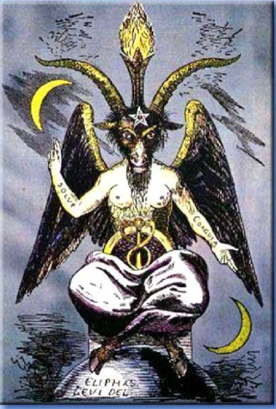 Baphomet (Éliphas Lévi, 1856): one hand raised, one lowered — solve on the rising arm, coagula on the descending arm.